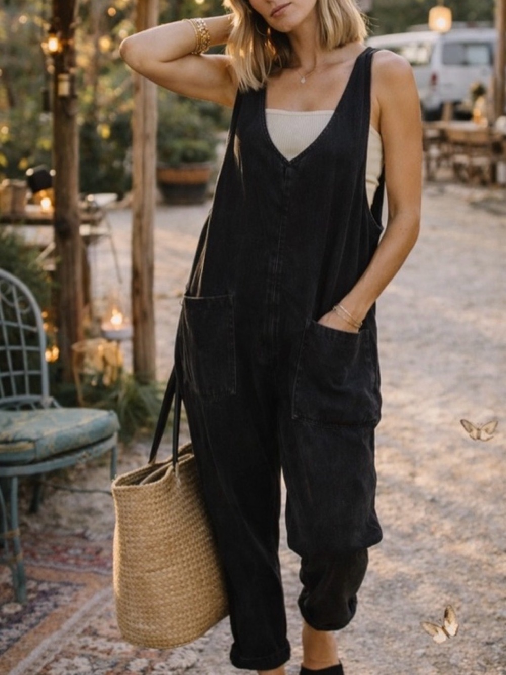 Free People Black Women's Relaxed Denim Jumpsuit Overalls